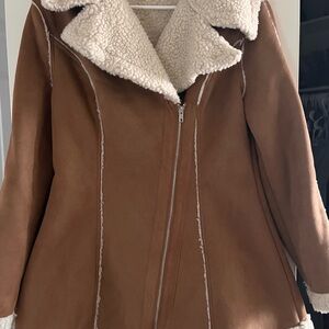 SHEIN Brown Teddy Jacket with Cream Accents